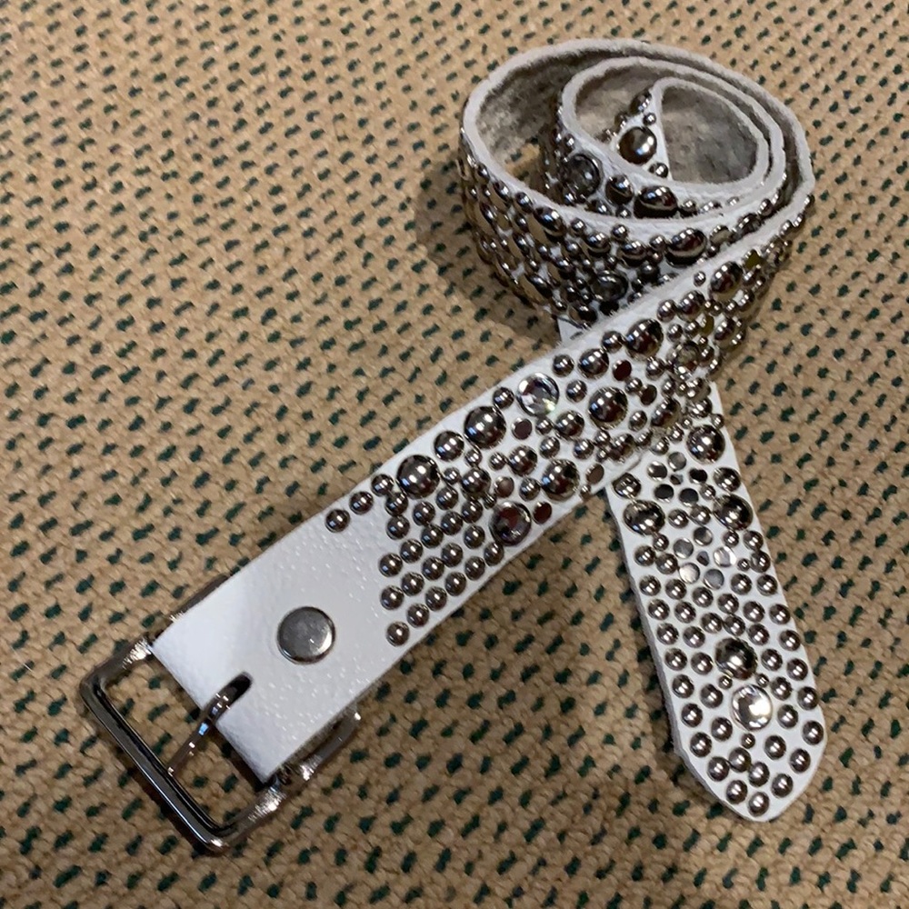 Silver Studs, Rhinestones, White Leather Belt. 36”